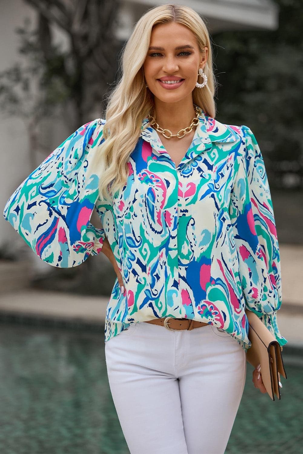 Printed Puff Sleeve Collared Blouse, Multiple Colors - SwagglyLife Home & Fashion