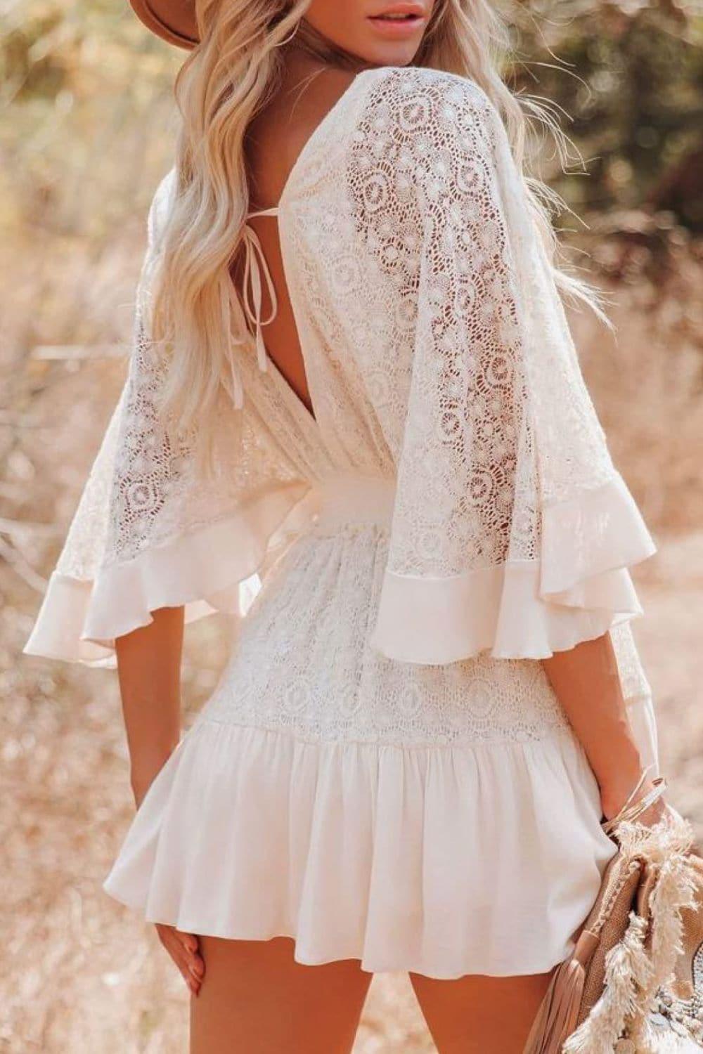 Sweet Love Lace Cutout Surplice Half Sleeve Dress - SwagglyLife Home & Fashion