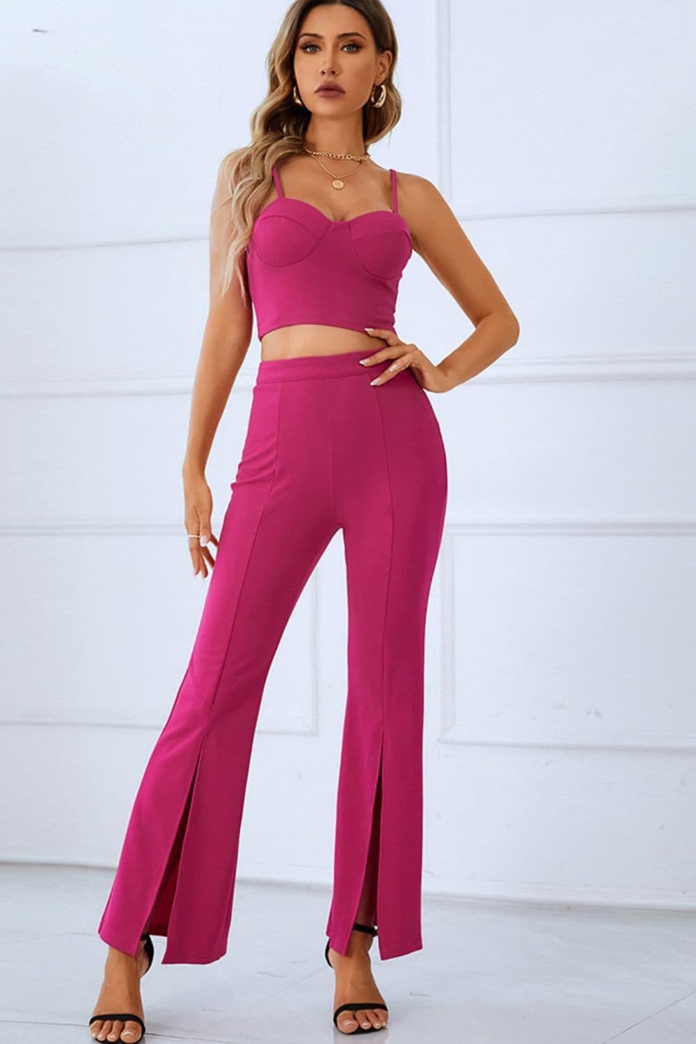 Sweetheart Neck Sports Cami and Slit Ankle Flare Pants Set - SwagglyLife Home & Fashion