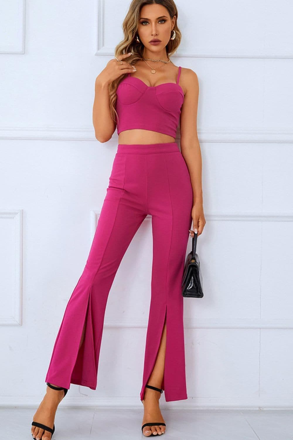 Sweetheart Neck Sports Cami and Slit Ankle Flare Pants Set - SwagglyLife Home & Fashion