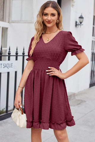 Swiss Dot Frill Trim Flounce Sleeve V-Neck Dress - SwagglyLife Home & Fashion