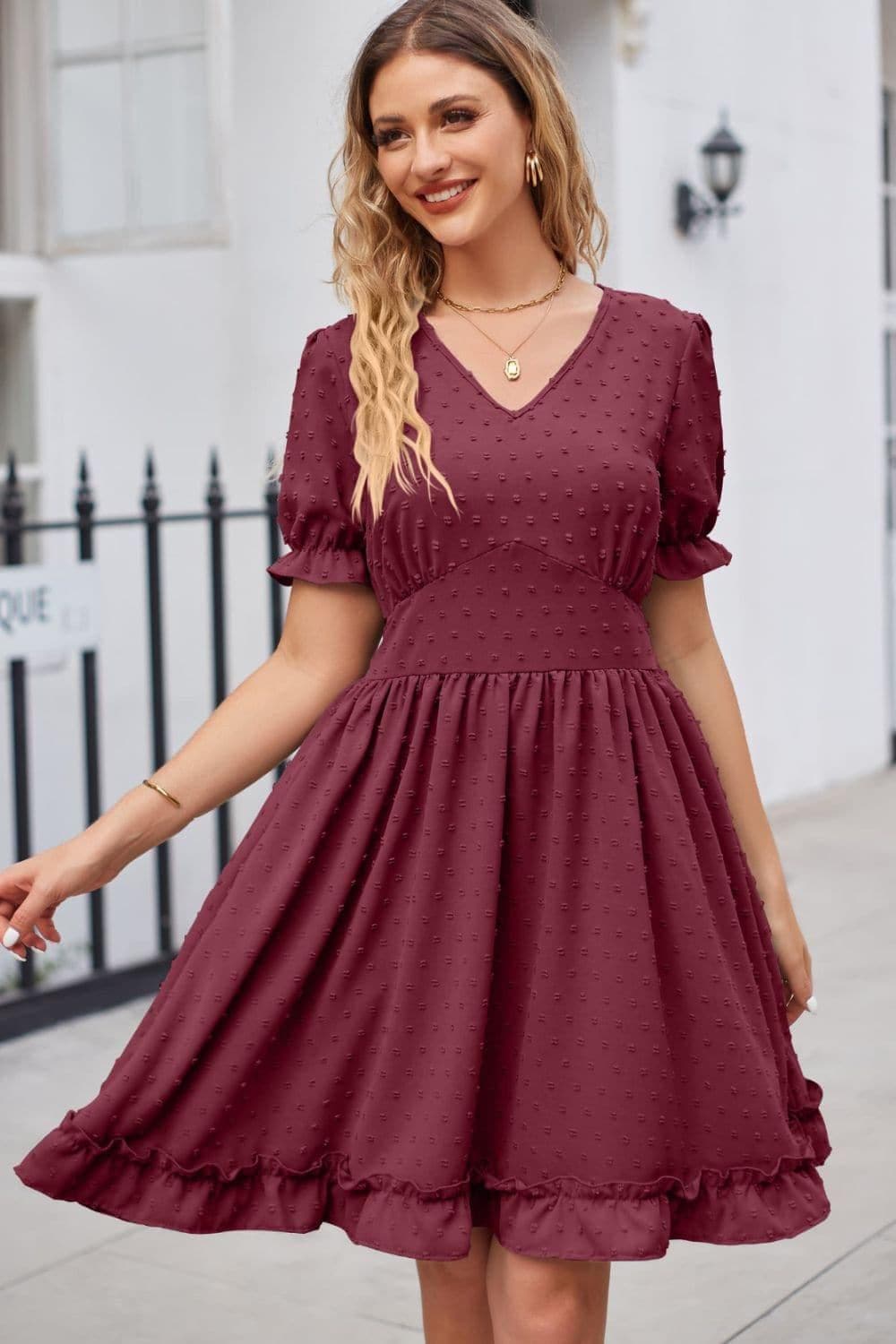 Swiss Dot Frill Trim Flounce Sleeve V-Neck Dress - SwagglyLife Home & Fashion