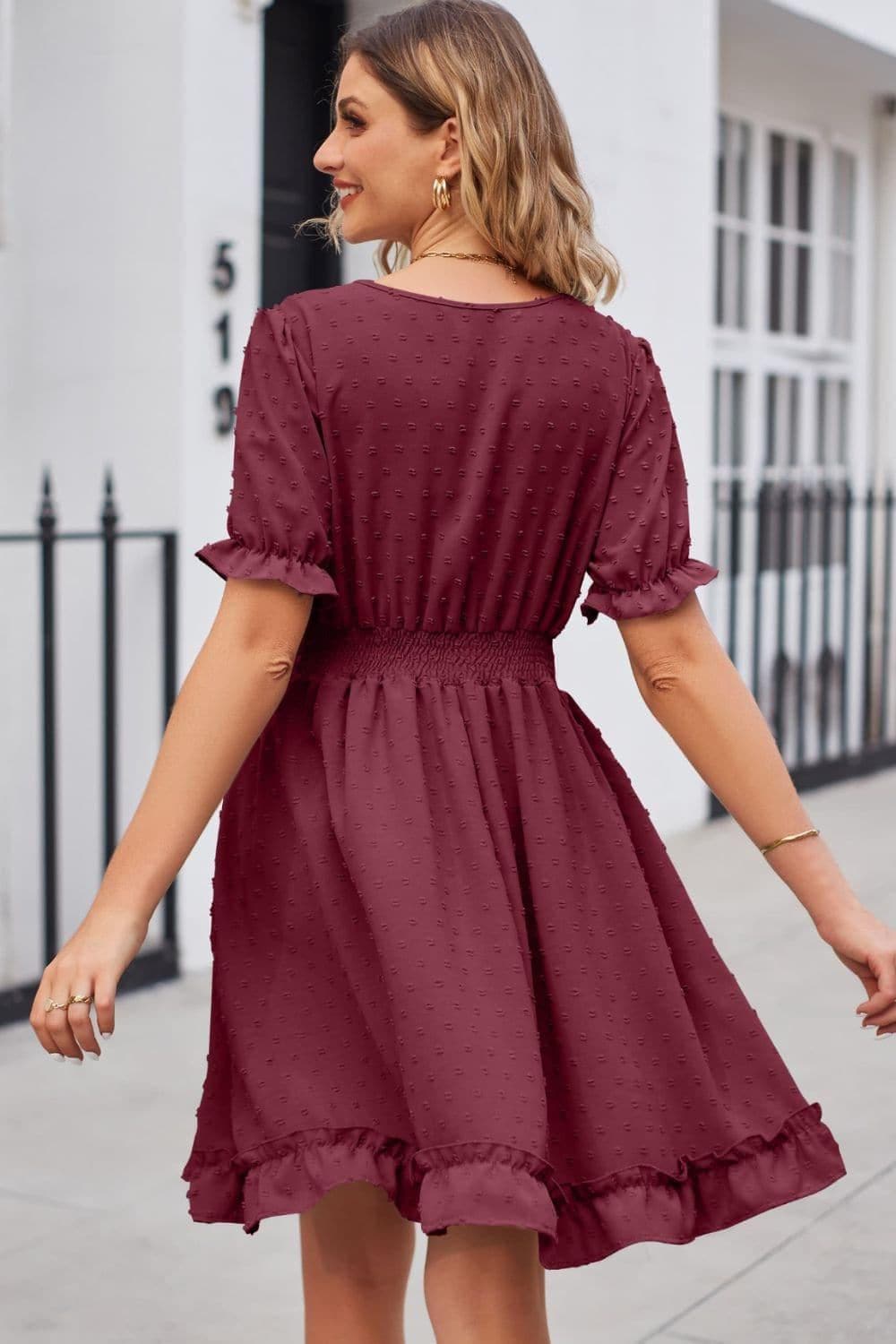 Swiss Dot Frill Trim Flounce Sleeve V-Neck Dress - SwagglyLife Home & Fashion