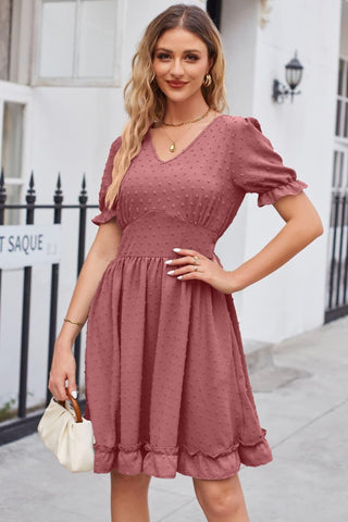 Swiss Dot Frill Trim Flounce Sleeve V-Neck Dress - SwagglyLife Home & Fashion