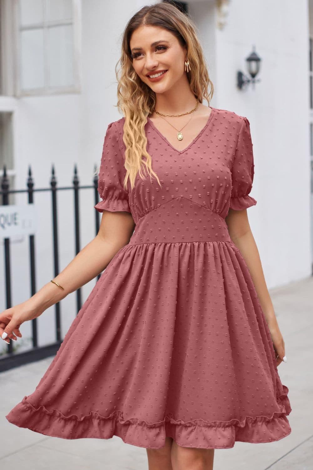 Swiss Dot Frill Trim Flounce Sleeve V-Neck Dress - SwagglyLife Home & Fashion