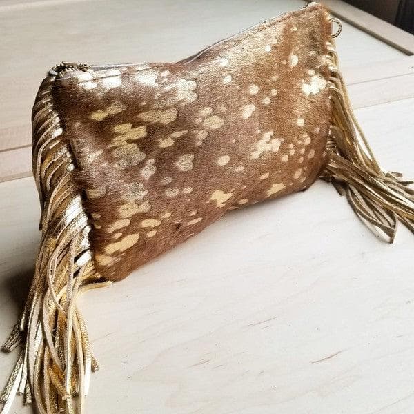 Tan and Gold Hair-on-Hide Leather Clutch Handbag - SwagglyLife Home & Fashion