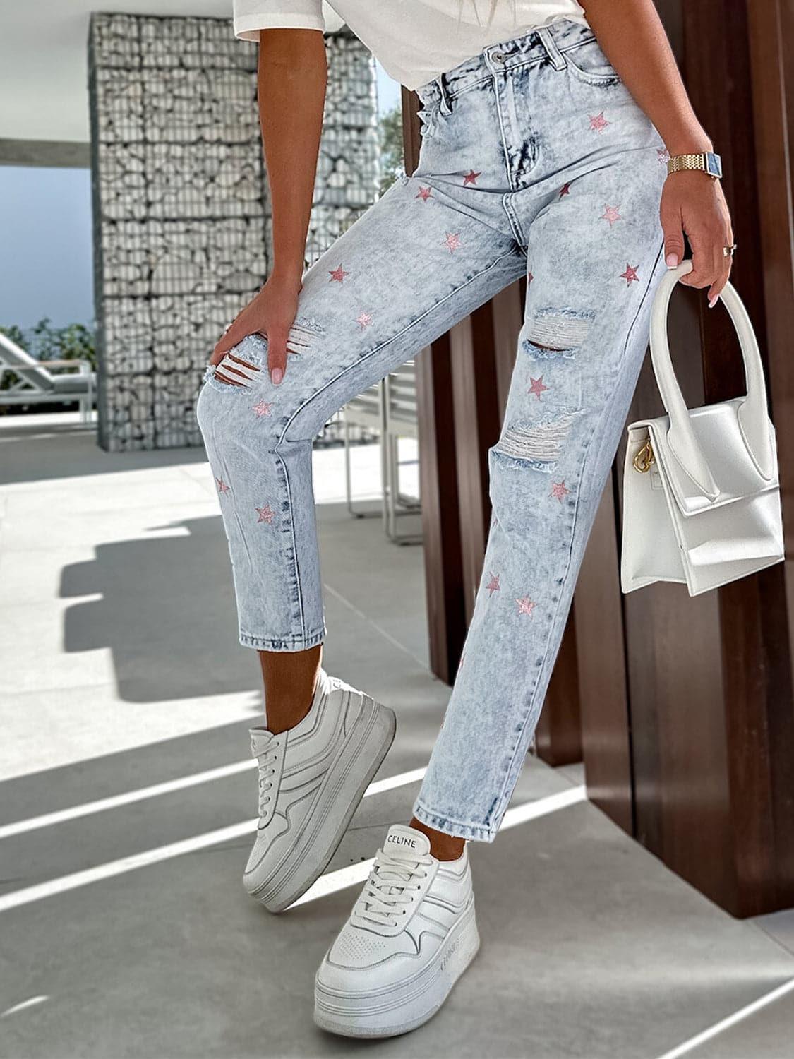 Tatiana Distressed Star Straight Jeans with Pockets - SwagglyLife Home & Fashion