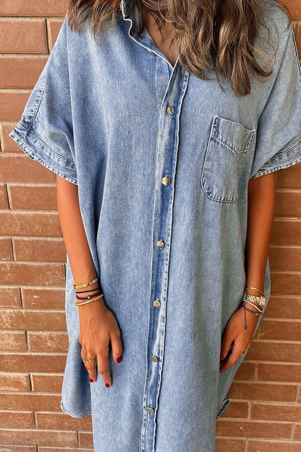 Taylor Pocketed Button Up Half Sleeve Denim Dress - SwagglyLife Home & Fashion