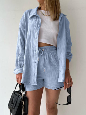 Texture Button Up Shirt and Drawstring Shorts Set - SwagglyLife Home & Fashion