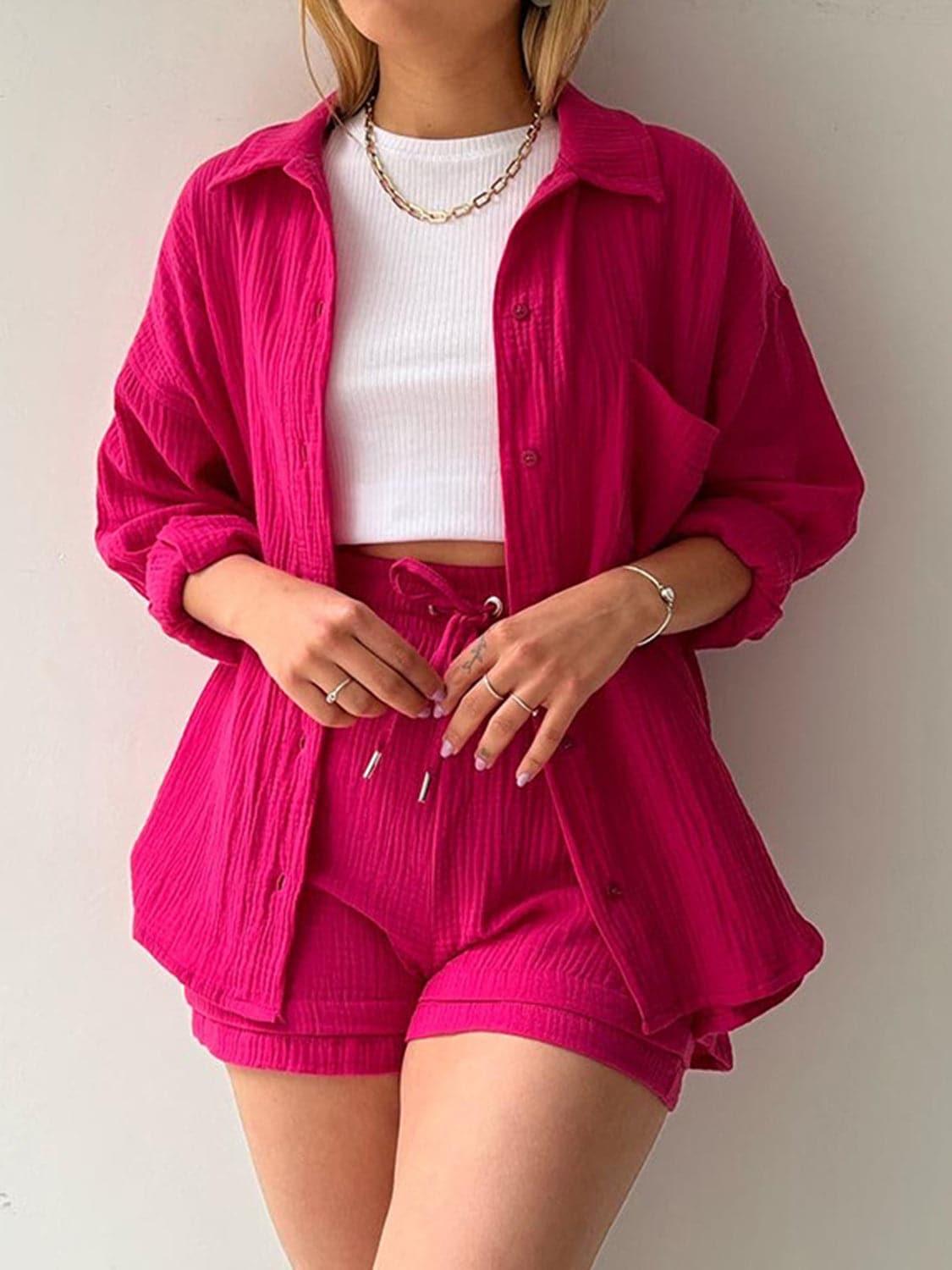 Texture Button Up Shirt and Drawstring Shorts Set - SwagglyLife Home & Fashion