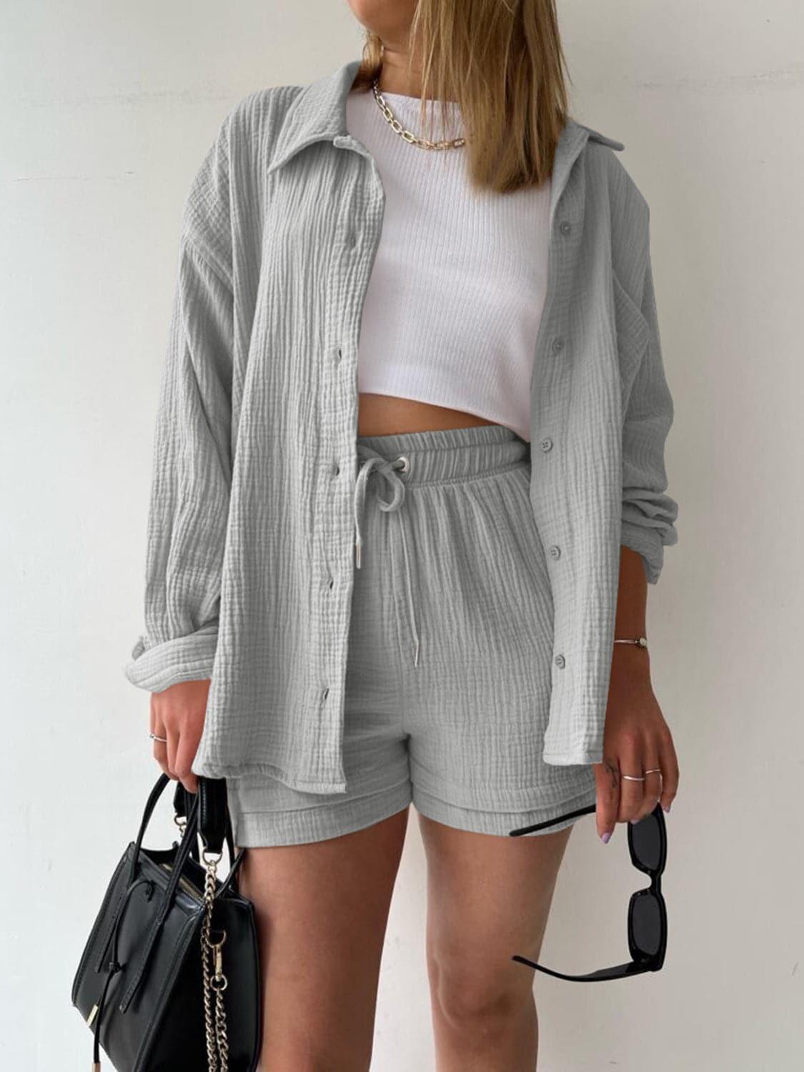 Texture Button Up Shirt and Drawstring Shorts Set - SwagglyLife Home & Fashion