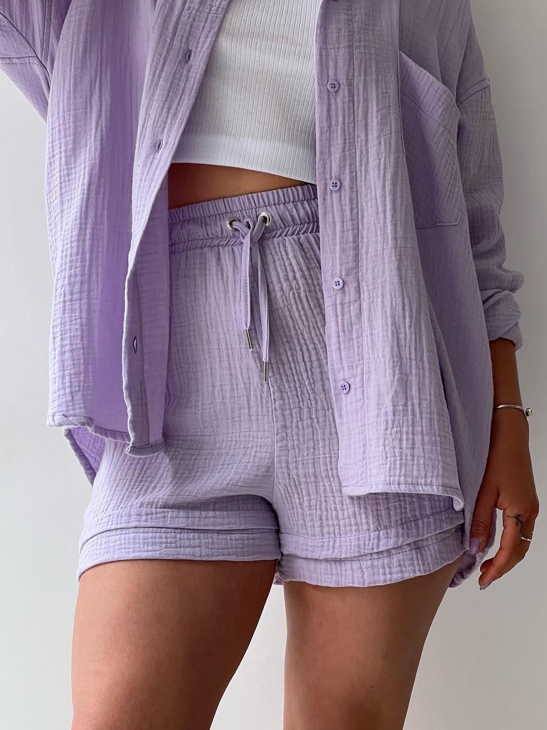 Texture Button Up Shirt and Drawstring Shorts Set - SwagglyLife Home & Fashion