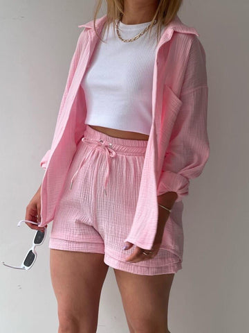 Texture Button Up Shirt and Drawstring Shorts Set - SwagglyLife Home & Fashion