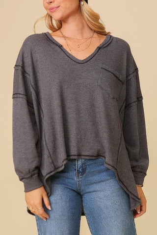 Thermal High Low V-Neck Oversized Top - SwagglyLife Home & Fashion