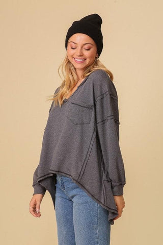 Thermal High Low V-Neck Oversized Top - SwagglyLife Home & Fashion