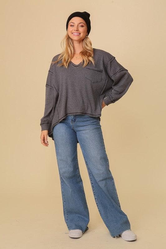 Thermal High Low V-Neck Oversized Top - SwagglyLife Home & Fashion