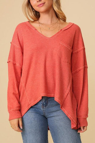 Thermal High Low V-Neck Oversized Top - SwagglyLife Home & Fashion