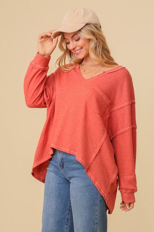 Thermal High Low V-Neck Oversized Top - SwagglyLife Home & Fashion