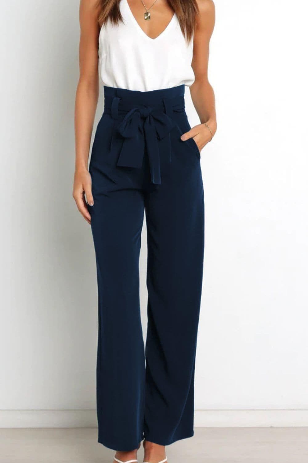 Tie Front Paperbag Wide Leg Pants - SwagglyLife Home & Fashion