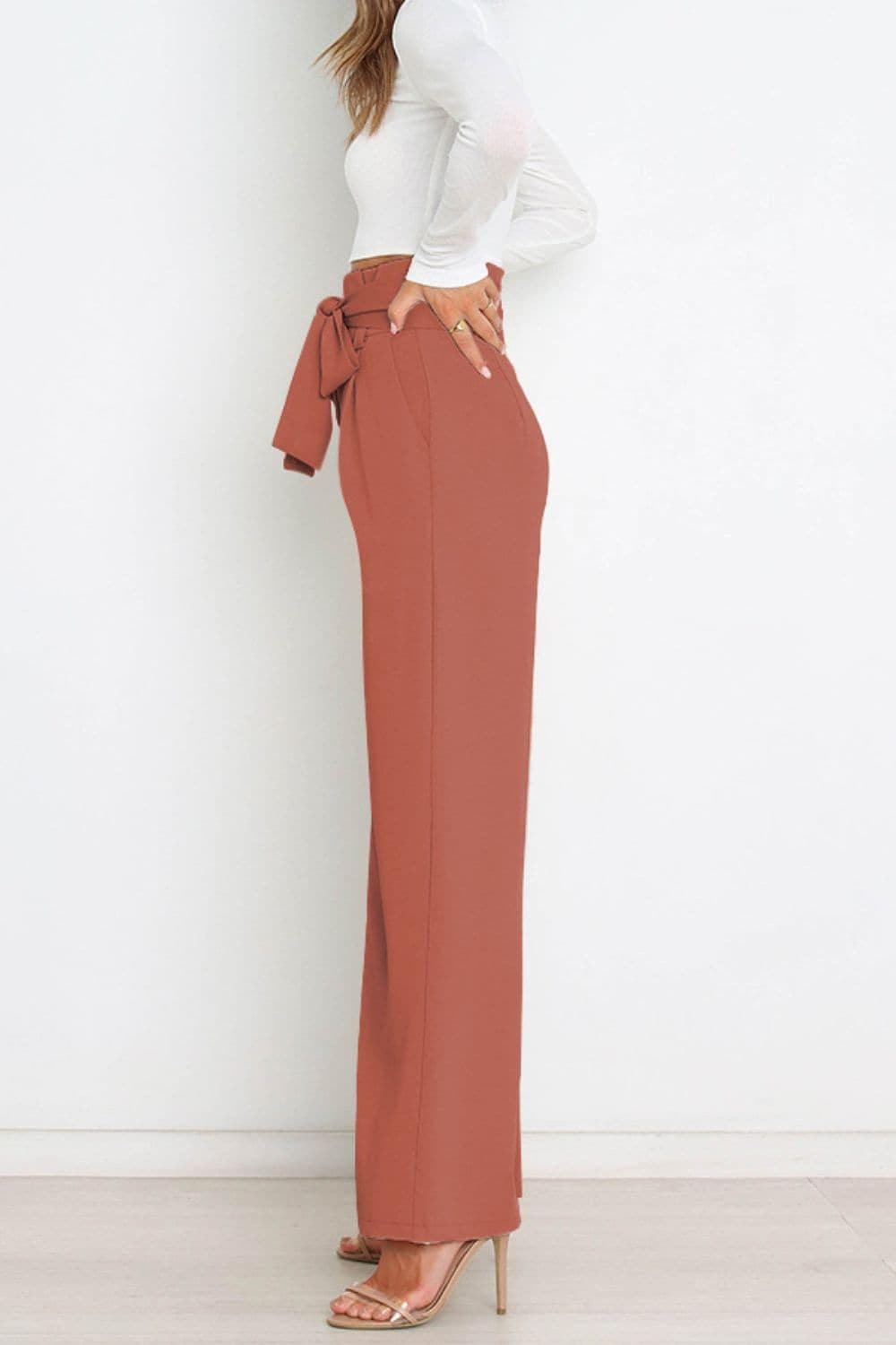 Tie Front Paperbag Wide Leg Pants - SwagglyLife Home & Fashion