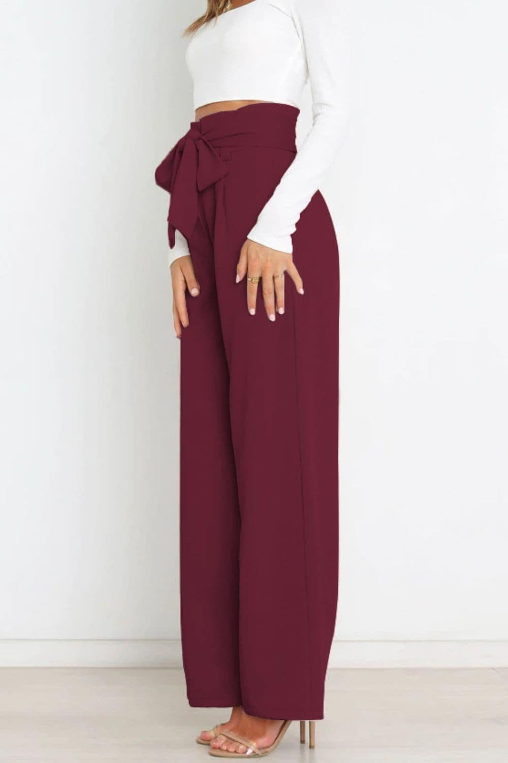 Tie Front Paperbag Wide Leg Pants - SwagglyLife Home & Fashion