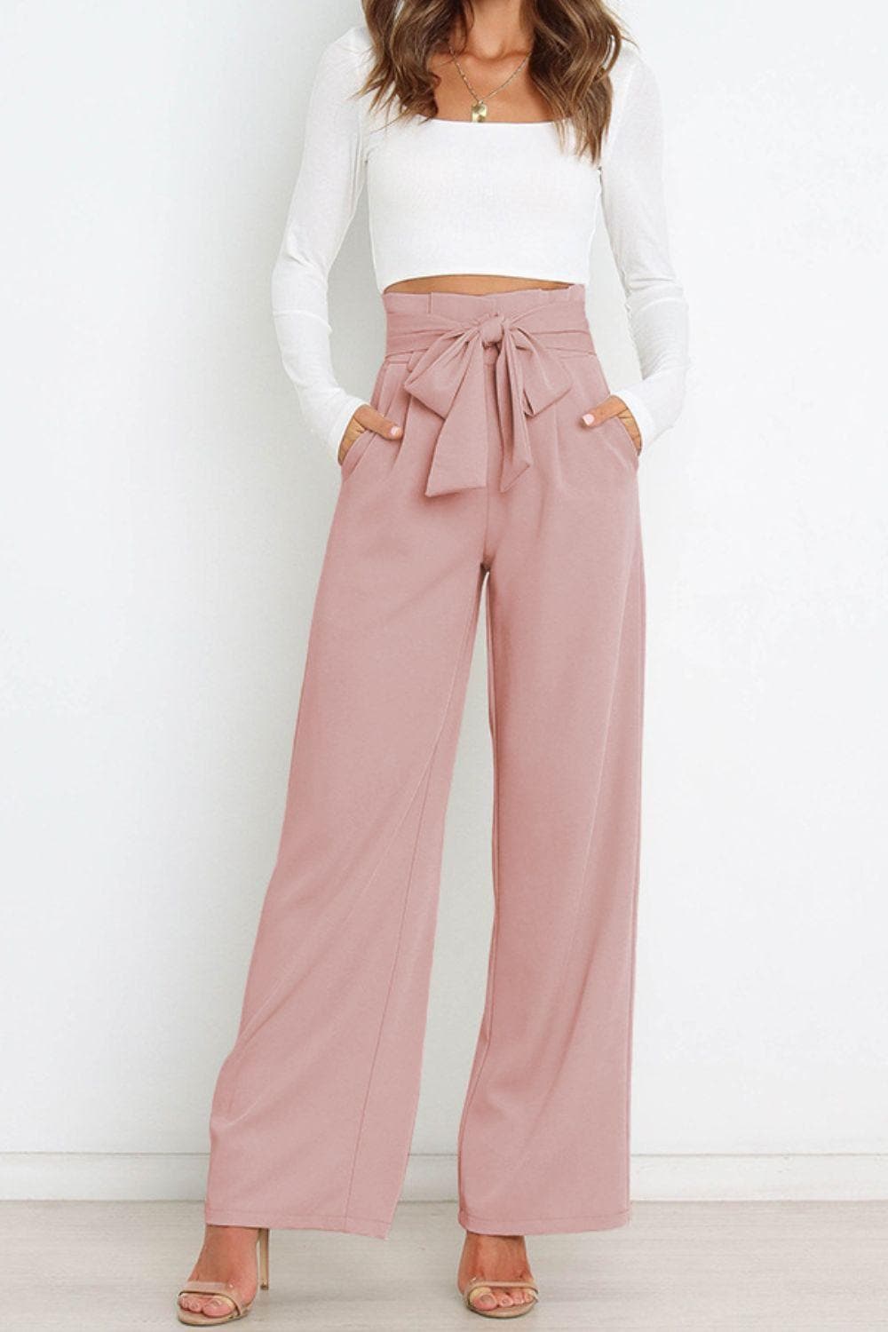 Tie Front Paperbag Wide Leg Pants - SwagglyLife Home & Fashion