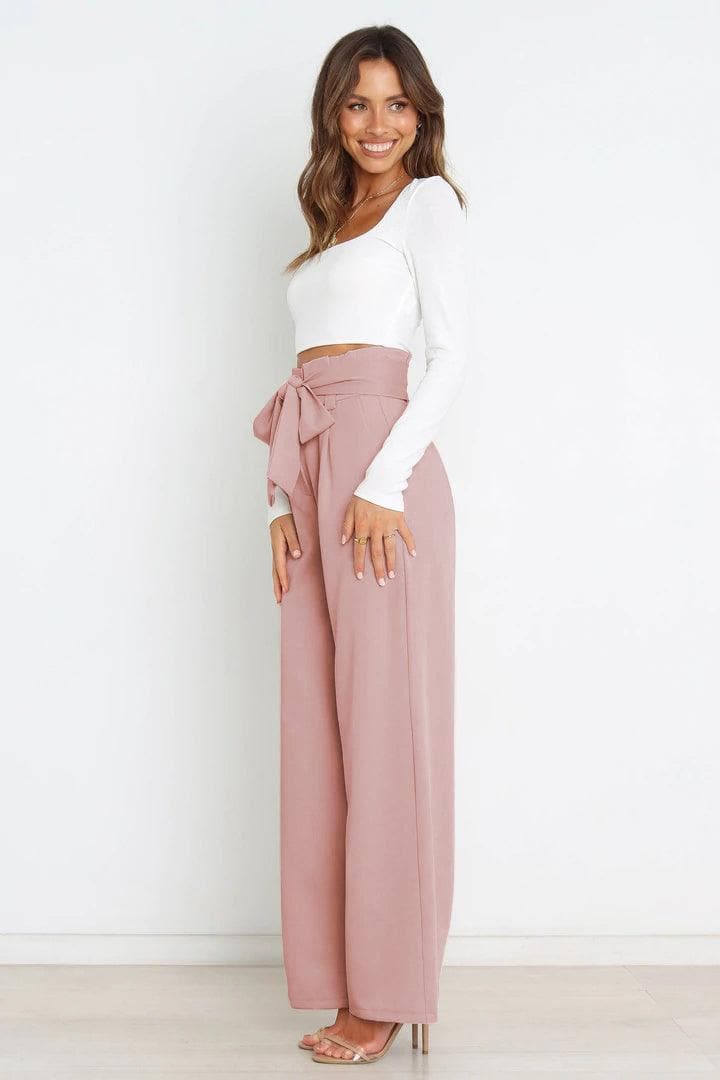 Tie Front Paperbag Wide Leg Pants, 9 Colors - SwagglyLife Home & Fashion