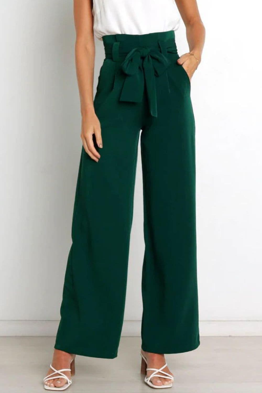 Tie Front Paperbag Wide Leg Pants - SwagglyLife Home & Fashion