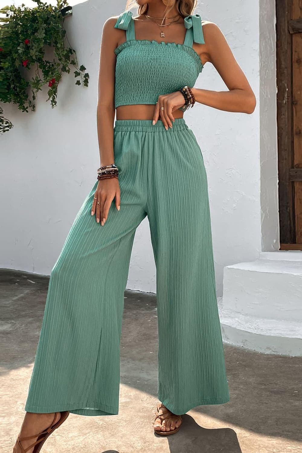 Tie Shoulder Smocked Crop Top and Wide Leg Pants Set - SwagglyLife Home & Fashion