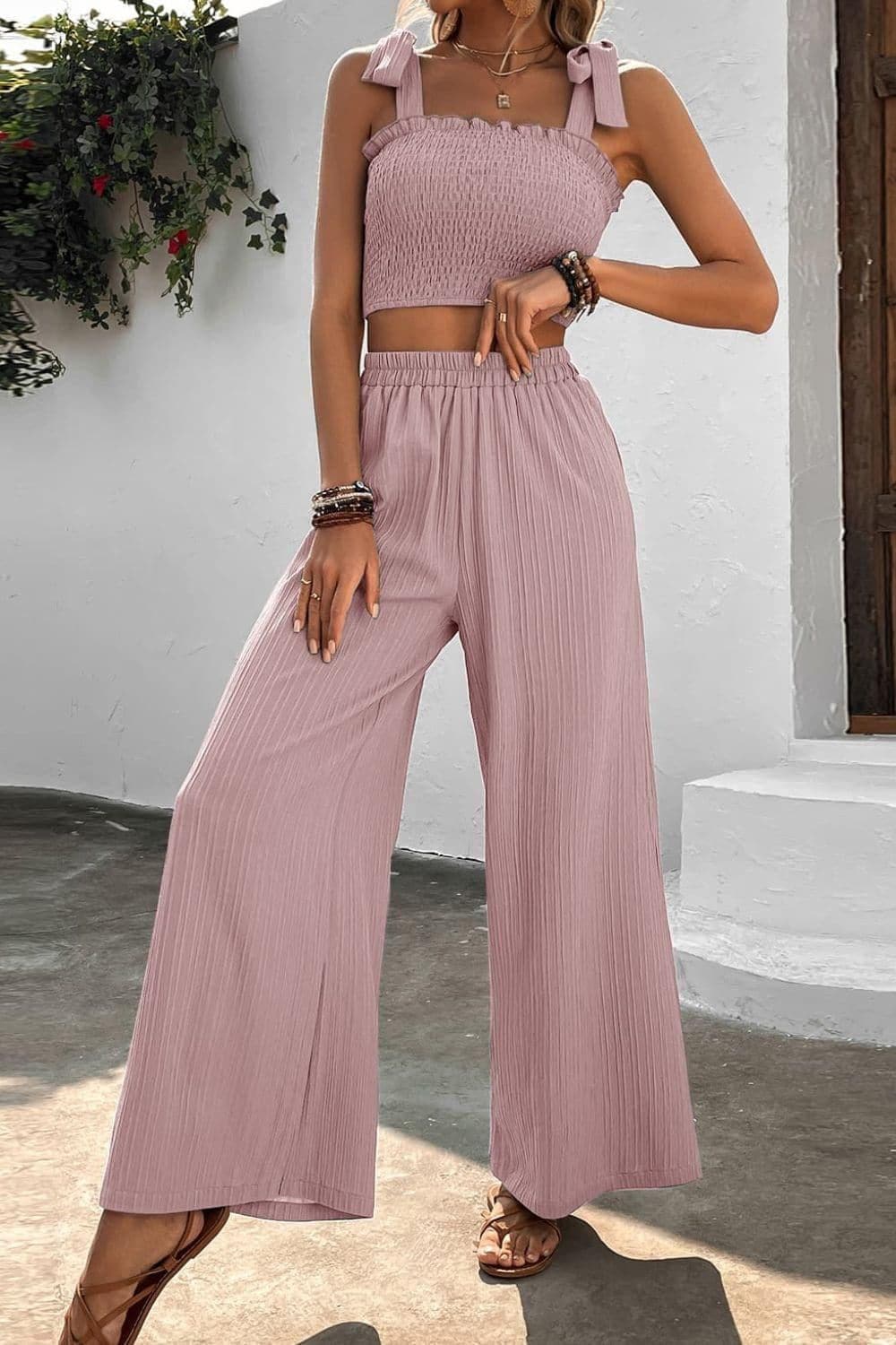 Tie Shoulder Smocked Crop Top and Wide Leg Pants Set - SwagglyLife Home & Fashion