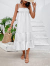 Tie-Shoulder Smocked Tiered Midi Dress, White - SwagglyLife Home & Fashion