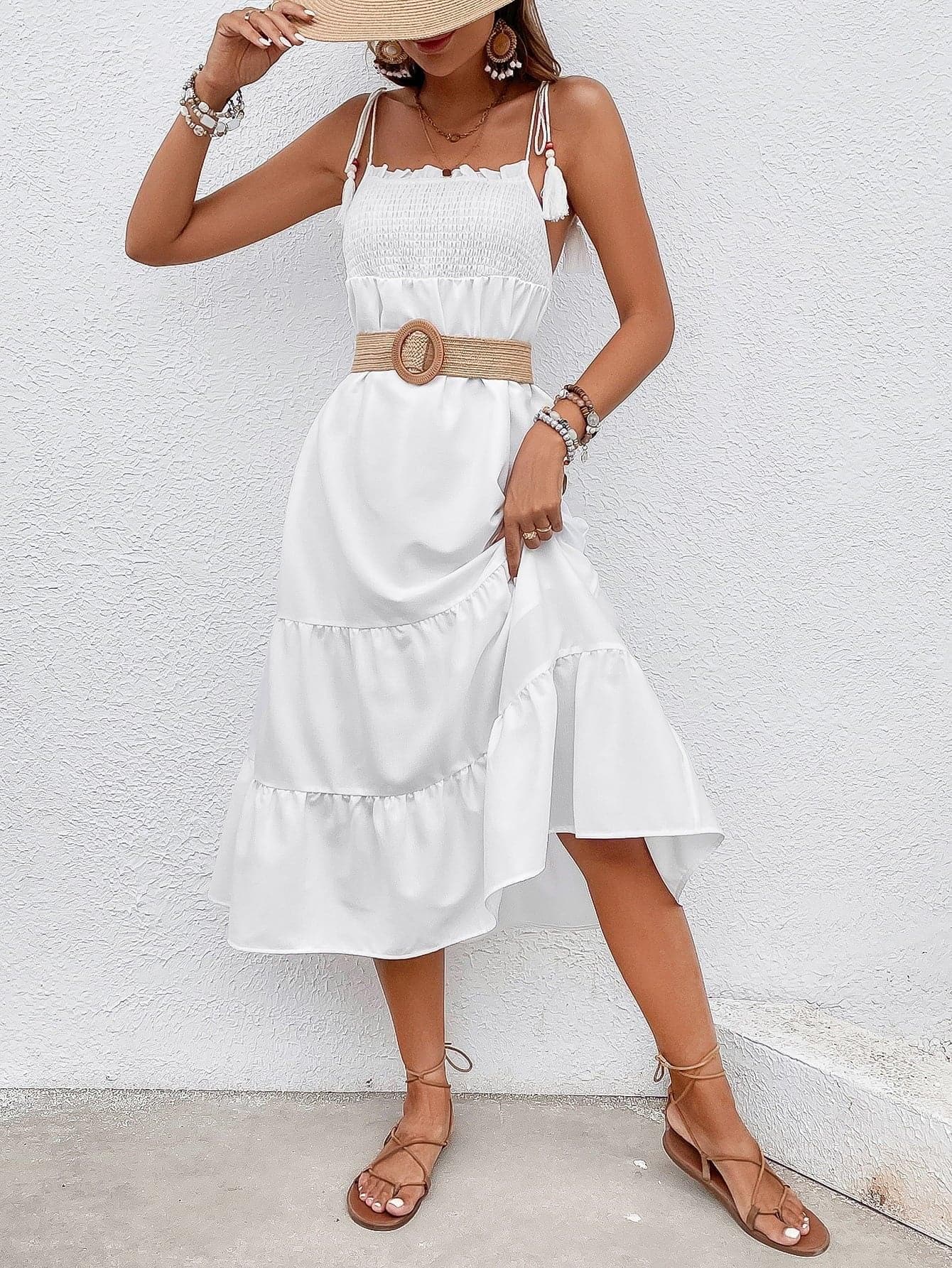 Tie-Shoulder Smocked Tiered Midi Dress, White - SwagglyLife Home & Fashion