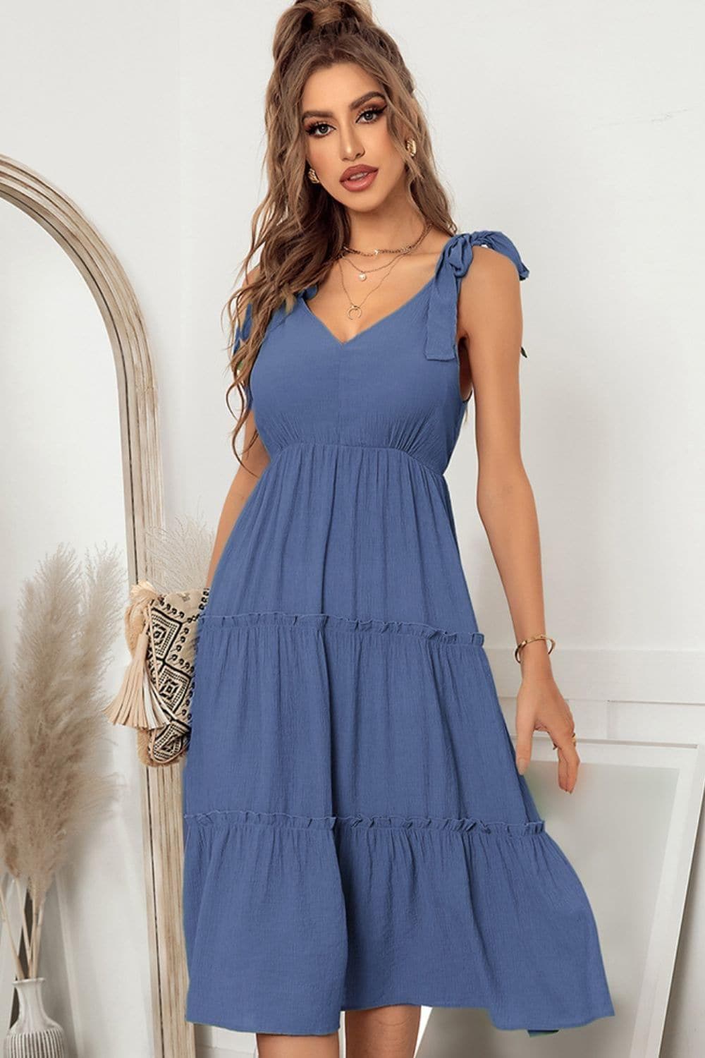 Tie Shoulder V-Neck Tiered Dress, Dusty Blue - SwagglyLife Home & Fashion