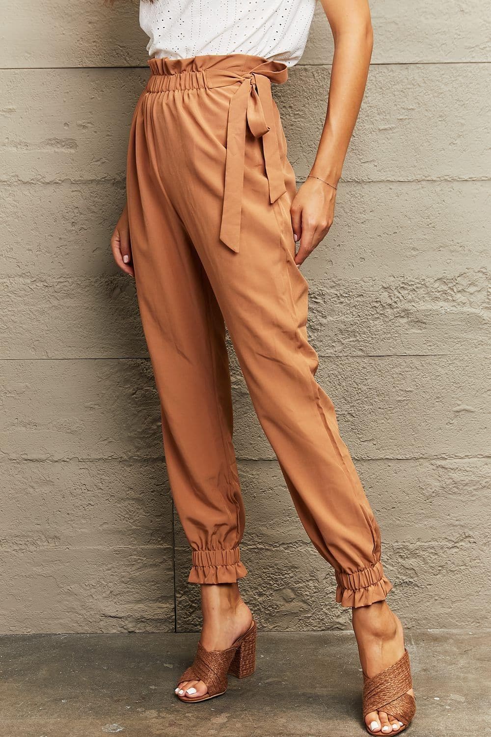 Tie Waist Cropped Pants, Tan - SwagglyLife Home & Fashion