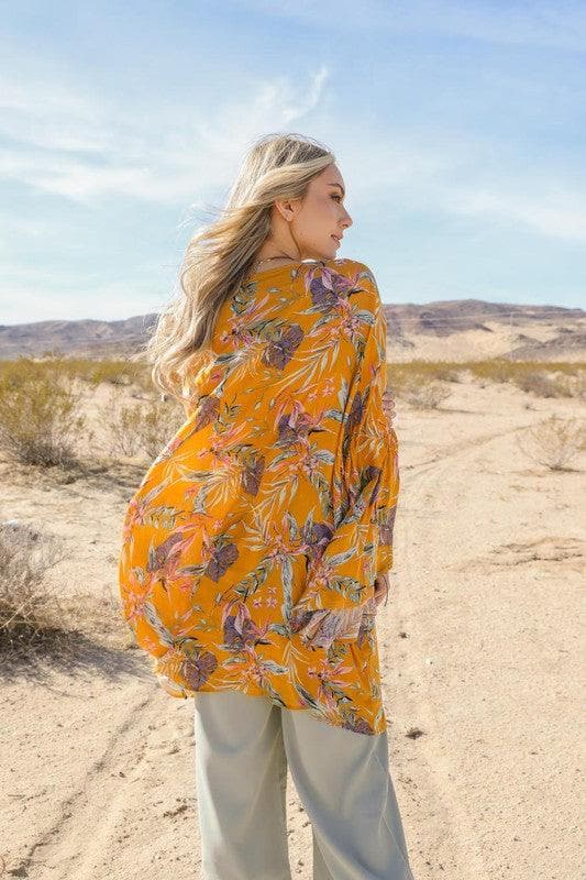 Tropical Leaves Draped Sleeve Kimono - SwagglyLife Home & Fashion