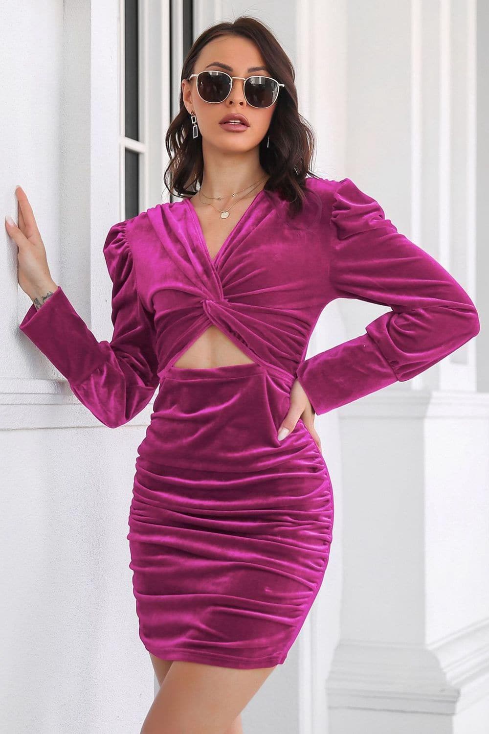 Twist Front Cutout Long Sleeve Dress, 4 Colors - SwagglyLife Home & Fashion