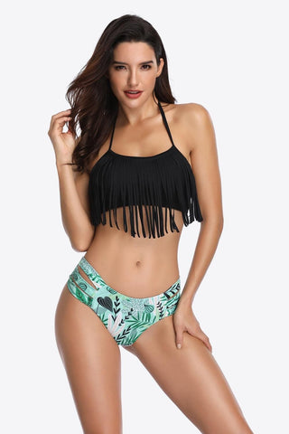 Two-Tone Fringe Trim Tied Bikini Set - SwagglyLife Home & Fashion