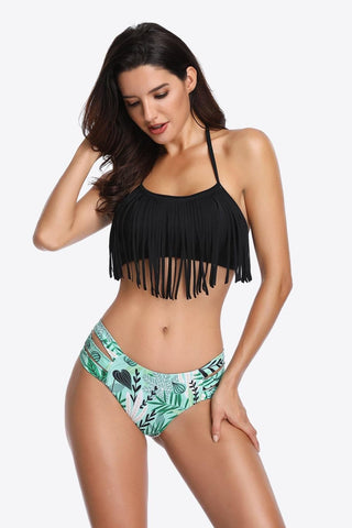 Two-Tone Fringe Trim Tied Bikini Set - SwagglyLife Home & Fashion