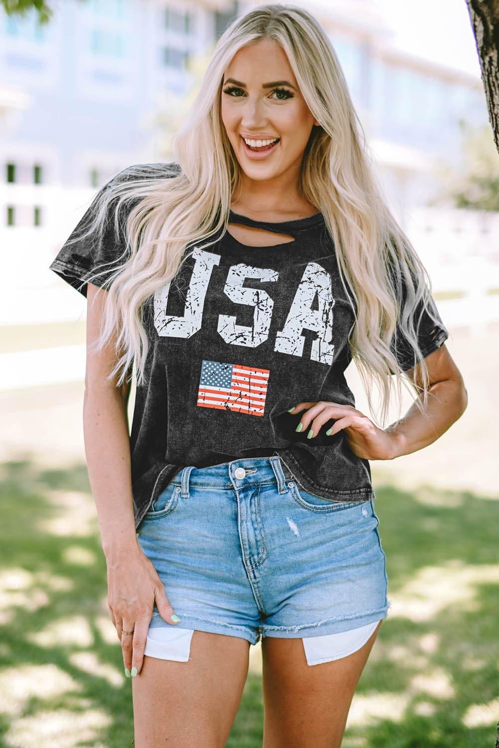 USA Cutout Round Neck Short Sleeve T-Shirt - SwagglyLife Home & Fashion