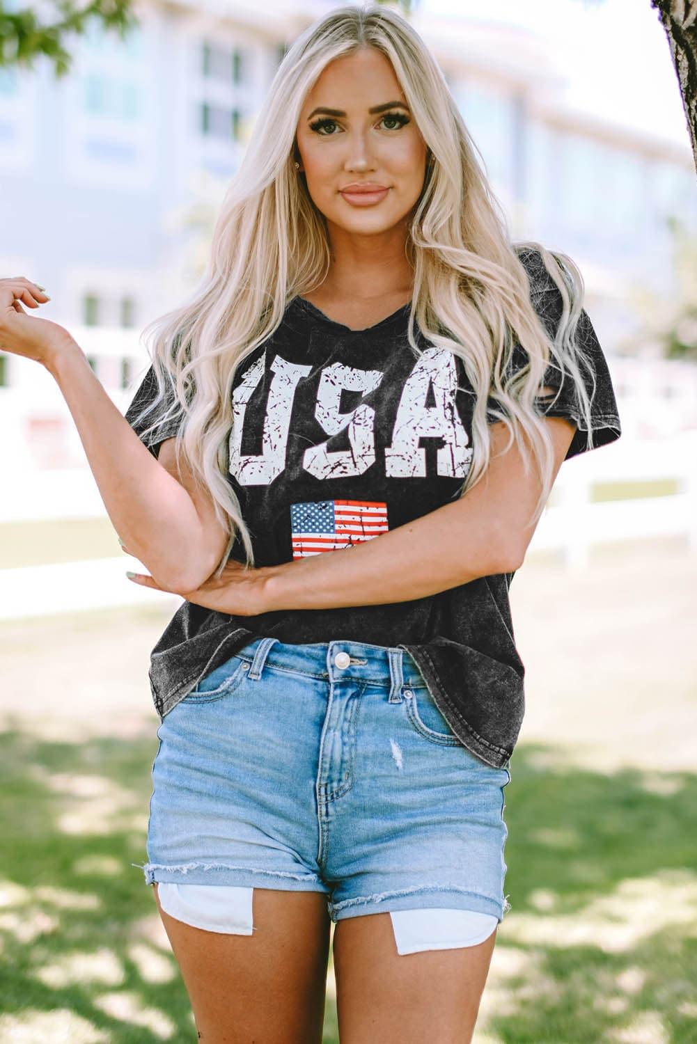 USA Cutout Round Neck Short Sleeve T-Shirt - SwagglyLife Home & Fashion