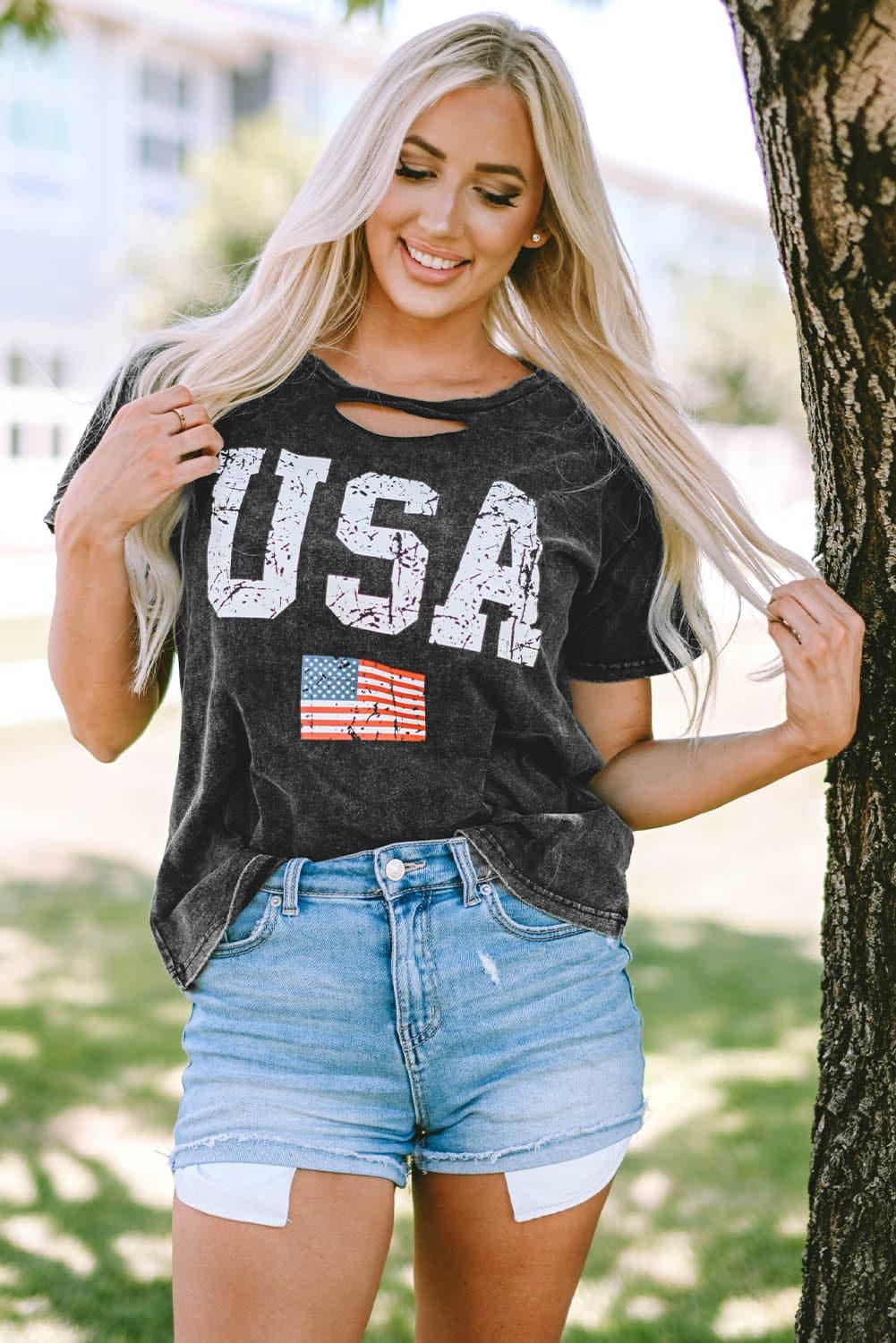 USA Cutout Round Neck Short Sleeve T-Shirt - SwagglyLife Home & Fashion