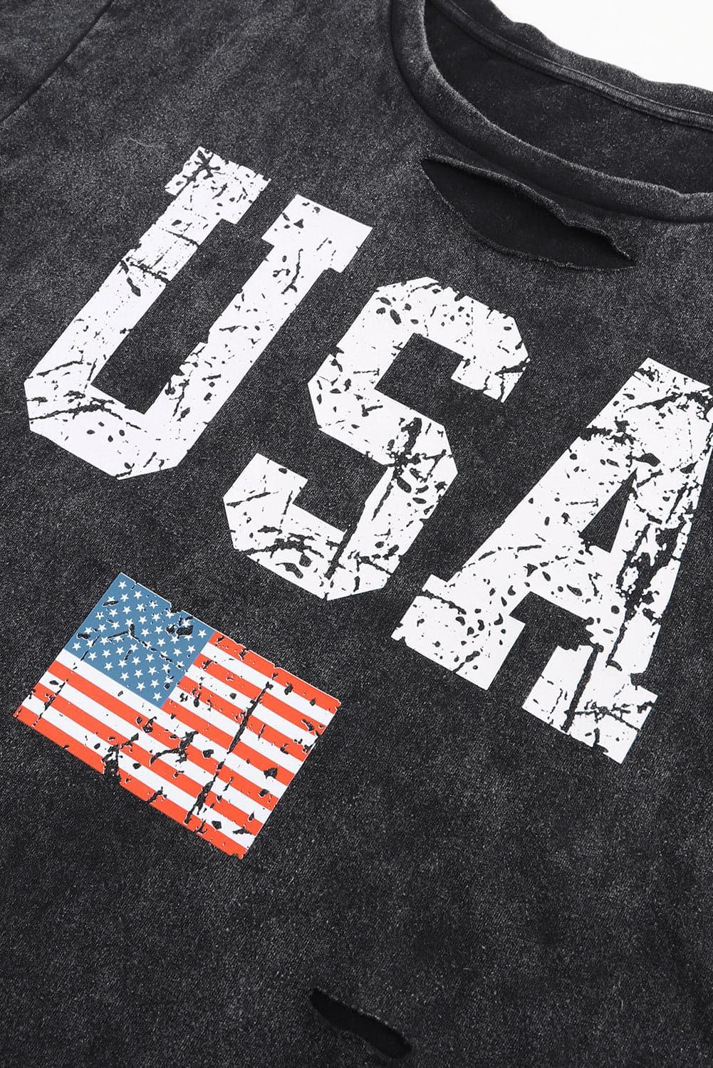 USA Cutout Round Neck Short Sleeve T-Shirt - SwagglyLife Home & Fashion