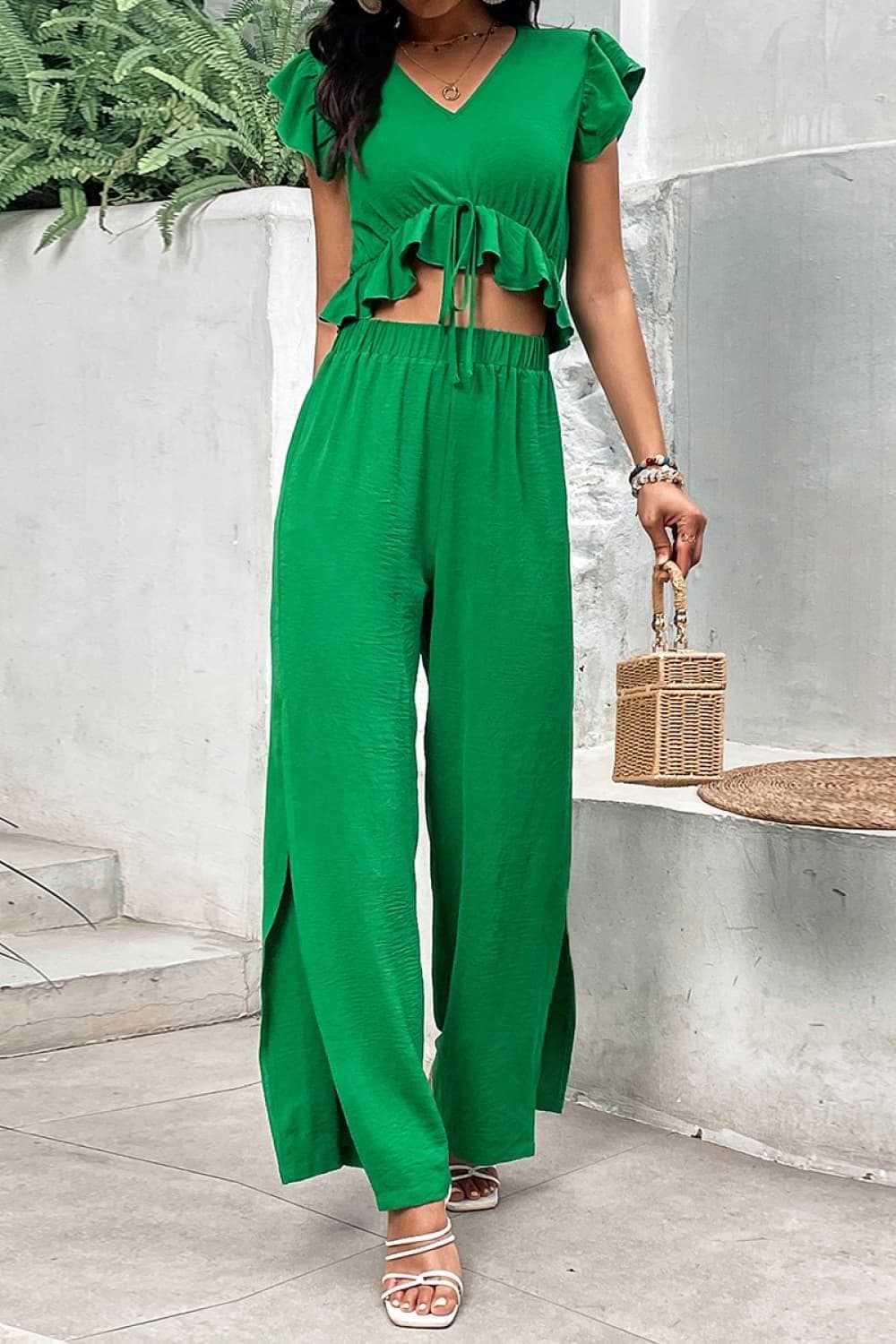 V-Neck Ruffle Hem Top and Slit Pants Set - SwagglyLife Home & Fashion