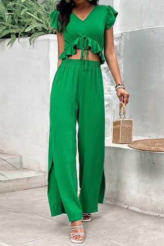 V-Neck Ruffle Hem Top and Slit Pants Set - SwagglyLife Home & Fashion