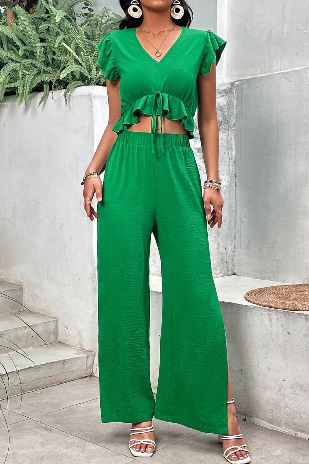 V-Neck Ruffle Hem Top and Slit Pants Set - SwagglyLife Home & Fashion