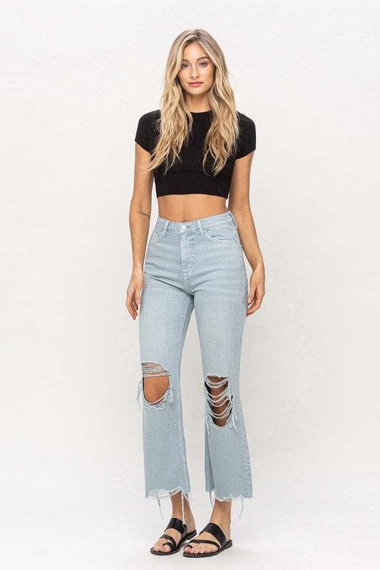 VERVET by Flying Monkey 90's Vintage Crop Flare Jeans, Cloud Blue - SwagglyLife Home & Fashion