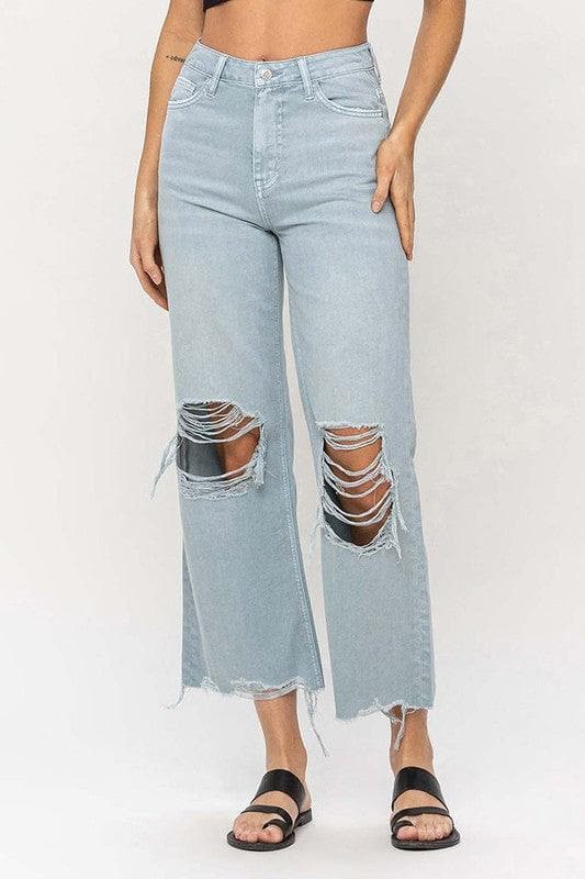 VERVET by Flying Monkey 90's Vintage Crop Flare Jeans, Cloud Blue - SwagglyLife Home & Fashion