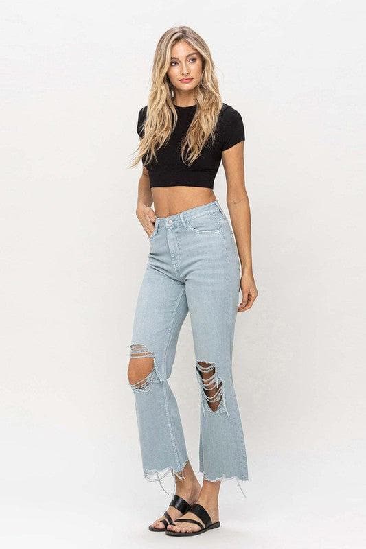 VERVET by Flying Monkey 90's Vintage Crop Flare Jeans, Cloud Blue - SwagglyLife Home & Fashion