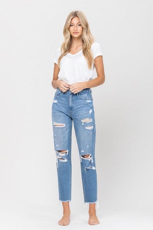 VERVET by Flying Monkey Distressed Raw Hem Mom Jeans - SwagglyLife Home & Fashion