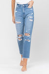 VERVET by Flying Monkey Distressed Raw Hem Mom Jeans - SwagglyLife Home & Fashion